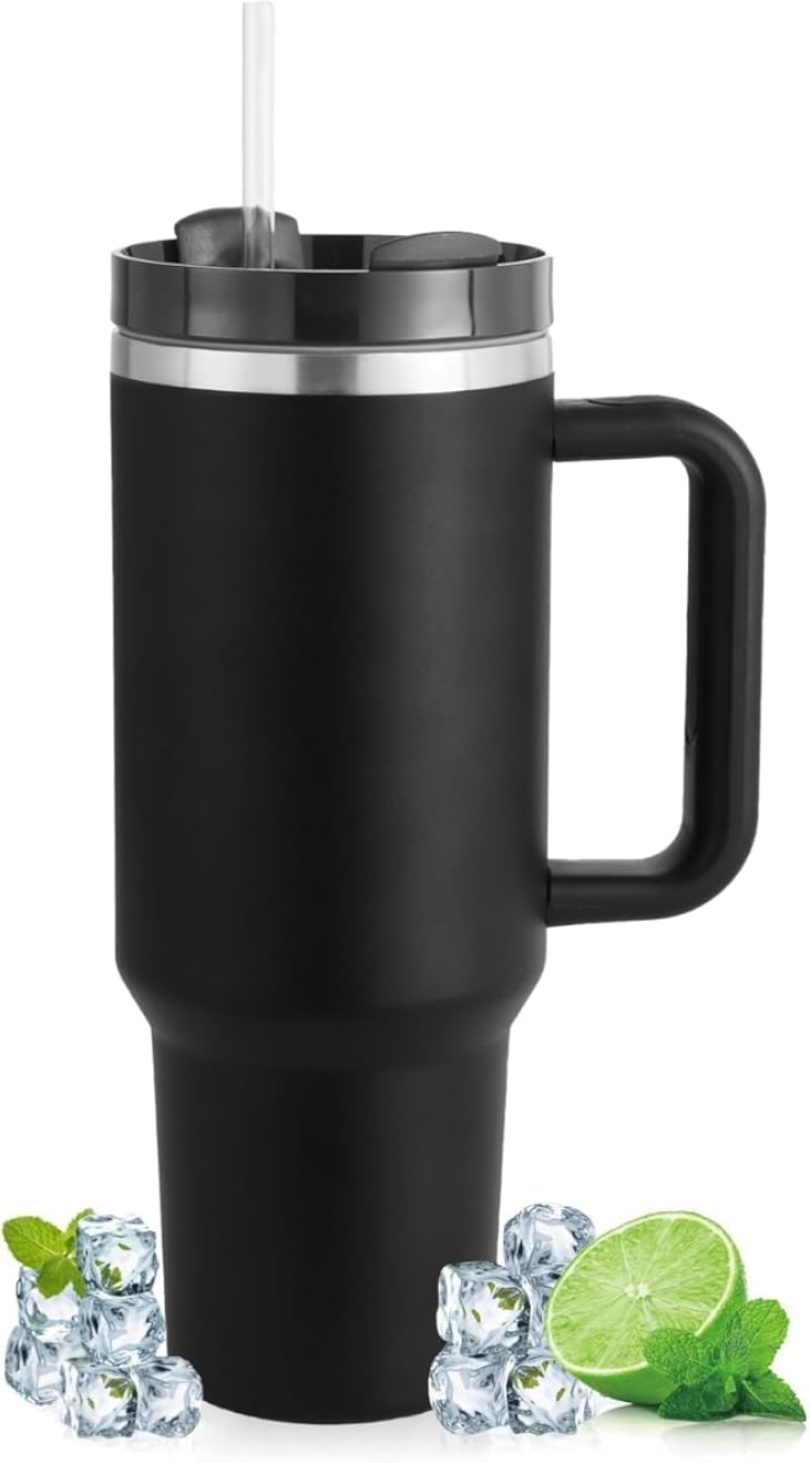 ECCO Stanley Portable Thermal Mug with Straw and Handle, 1.2L Stainless Steel Vacuum Insulated Coffee Mug with Lid for Car Hot and Cold Drinks (Black)